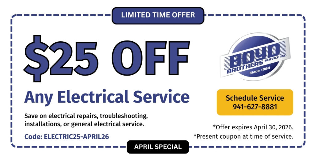 Boyd Brothers Service April special coupon for $25 off any electrical service, including repairs, troubleshooting, and installations, with code ELECTRIC25-APRIL26.