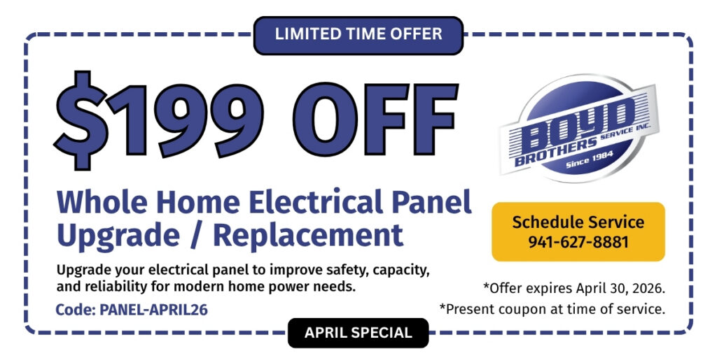 Boyd Brothers Service April special coupon offering $199 off whole home electrical panel upgrade or replacement, highlighting improved safety, capacity, and reliability with promo code PANEL-APRIL26.