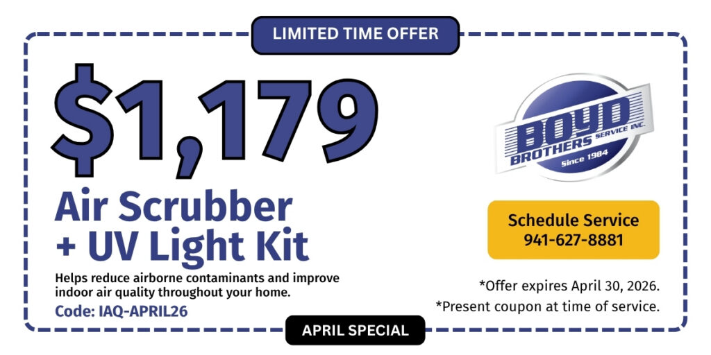 Boyd Brothers Service April special for air scrubber and UV light kit installation priced at $1,179, designed to reduce airborne contaminants and improve indoor air quality, code IAQ-APRIL26.