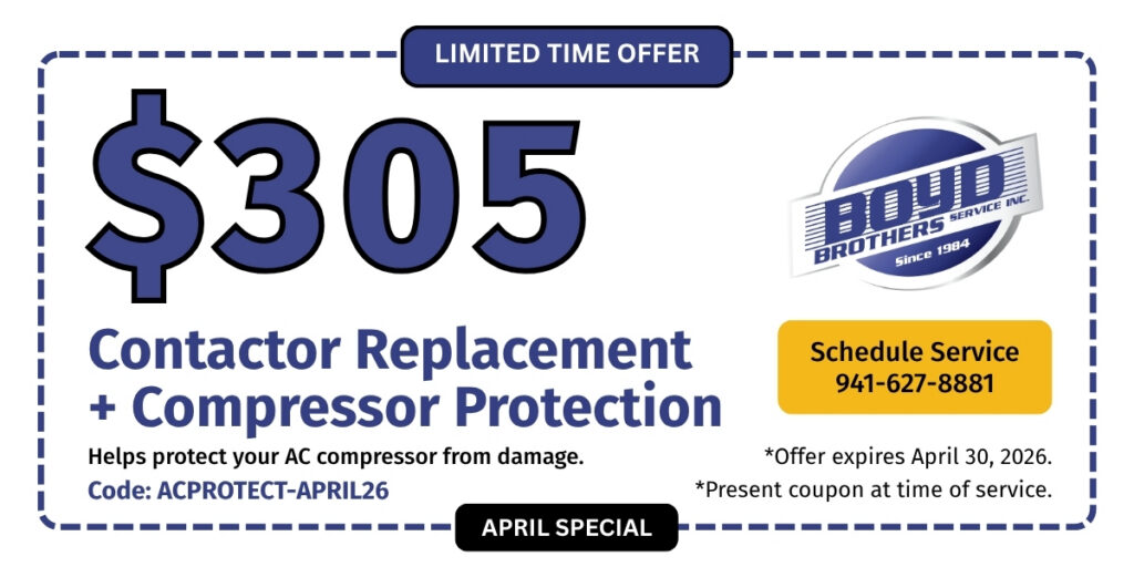 Boyd Brothers Service April special offering contactor replacement and compressor protection for $305, helping protect AC systems from damage, with code ACPROTECT-APRIL26.